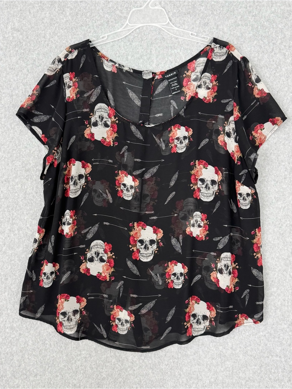 Torrid Skull Print Top Blouse 2X Black Pink Floral Sheer Whimsigoth Halloween